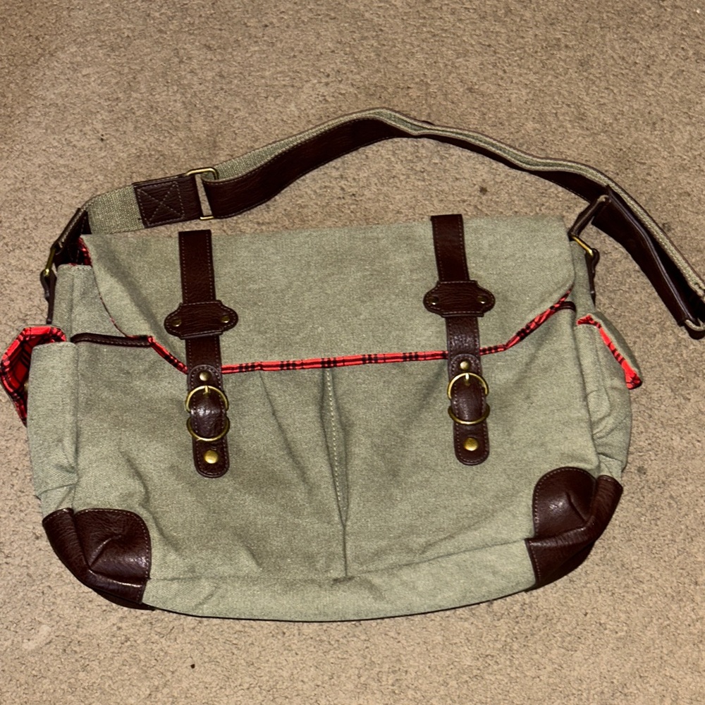 Canvas Messenger Bag with Brown Leather Trim - Green